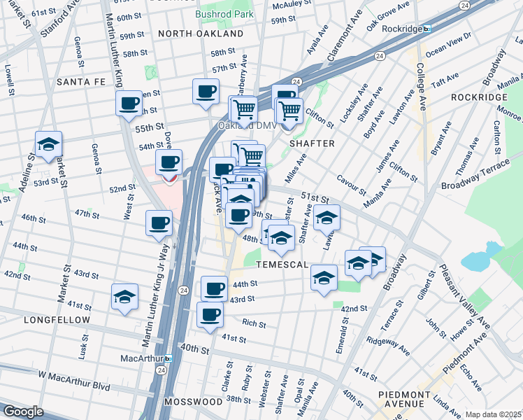 map of restaurants, bars, coffee shops, grocery stores, and more near 482 49th Street in Oakland