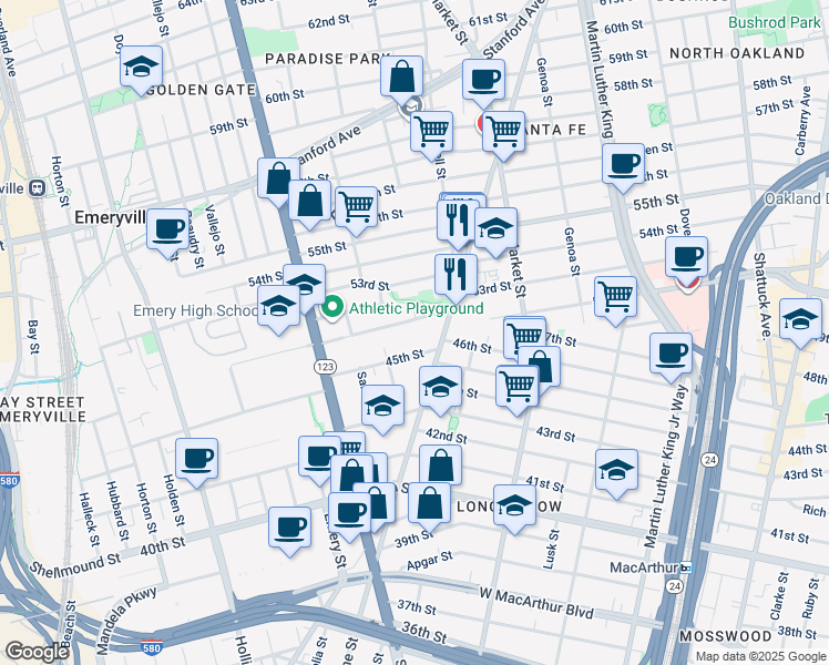map of restaurants, bars, coffee shops, grocery stores, and more near in Emeryville