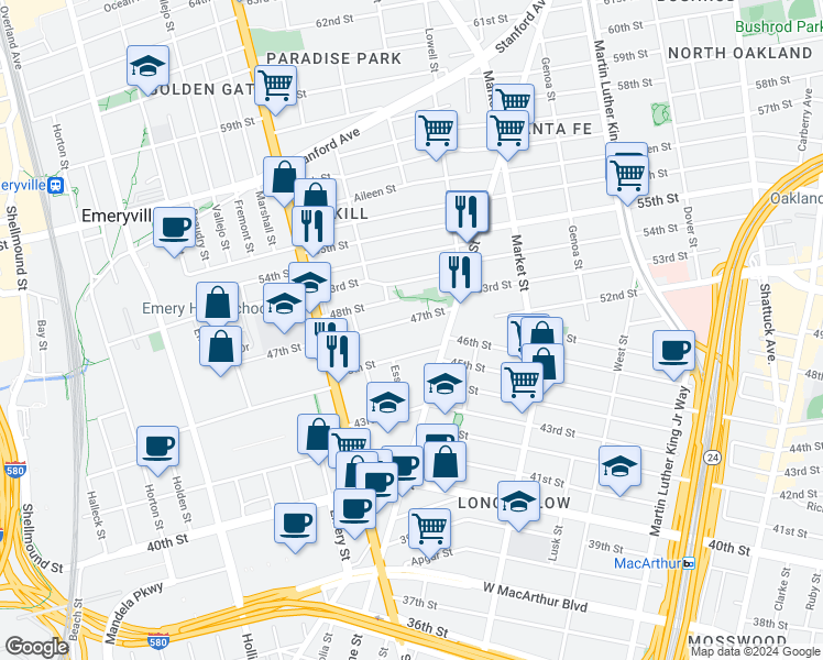 map of restaurants, bars, coffee shops, grocery stores, and more near 1039 47th Street in Emeryville