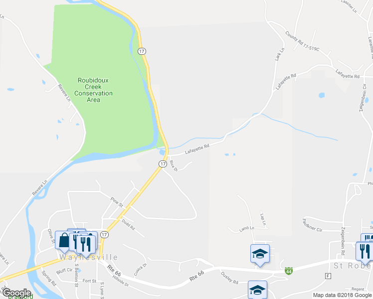 map of restaurants, bars, coffee shops, grocery stores, and more near 800 Missouri 17 in Waynesville