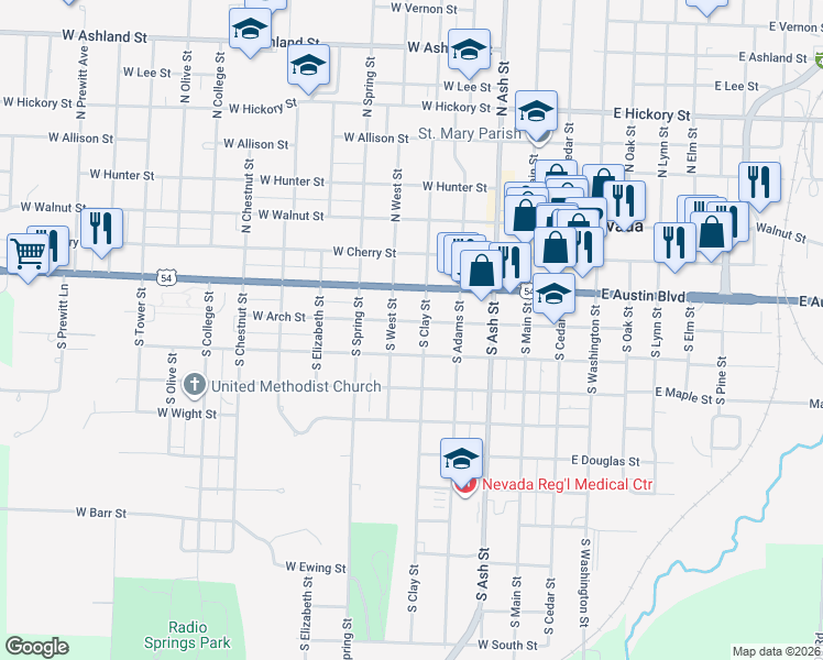 map of restaurants, bars, coffee shops, grocery stores, and more near 311 South Clay Street in Nevada