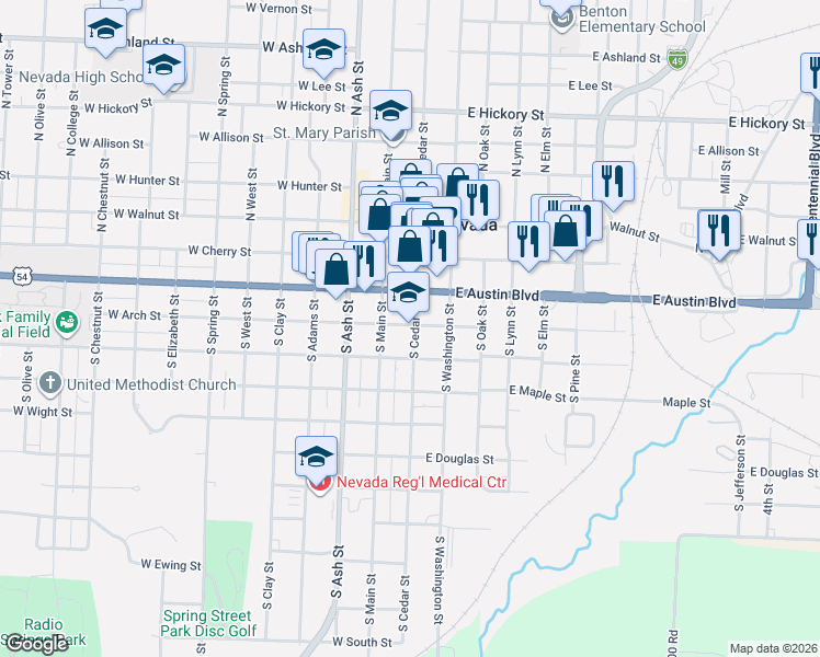 map of restaurants, bars, coffee shops, grocery stores, and more near 113 West Arch Street in Nevada