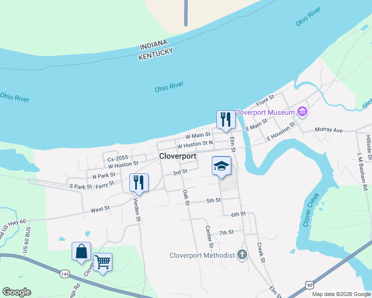 map of restaurants, bars, coffee shops, grocery stores, and more near in Cloverport