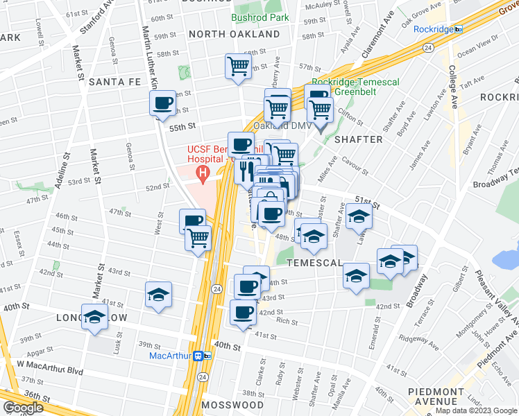 map of restaurants, bars, coffee shops, grocery stores, and more near 4906 Shattuck Avenue in Oakland