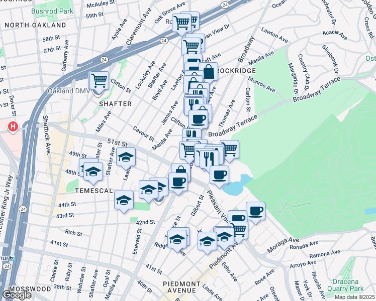 map of restaurants, bars, coffee shops, grocery stores, and more near 5231 Coronado Avenue in Oakland