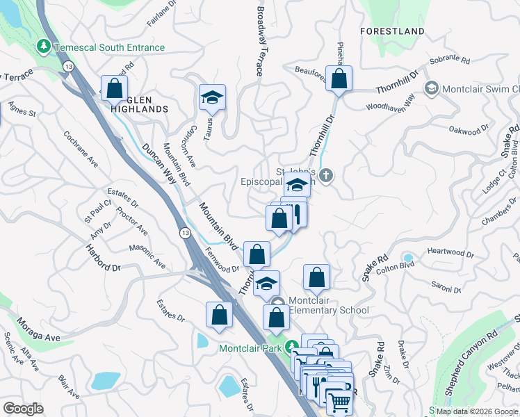 map of restaurants, bars, coffee shops, grocery stores, and more near 5716 Merriewood Drive in Oakland