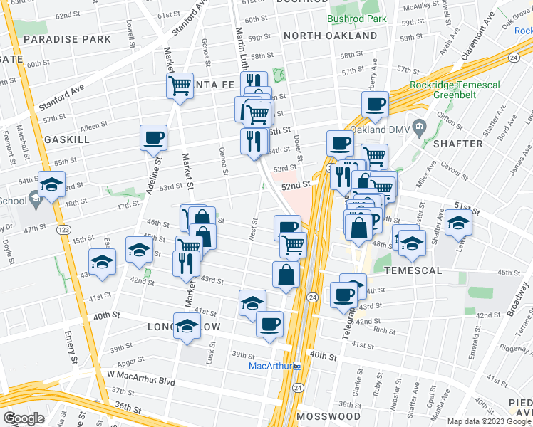map of restaurants, bars, coffee shops, grocery stores, and more near 845 51st Street in Oakland