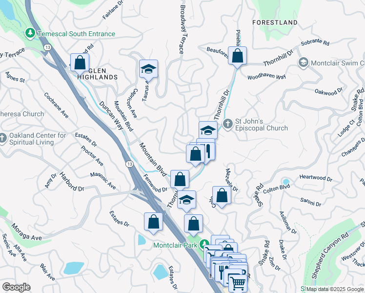 map of restaurants, bars, coffee shops, grocery stores, and more near 5716 Merriewood Drive in Oakland