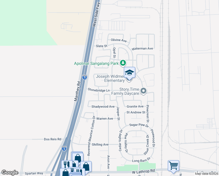 map of restaurants, bars, coffee shops, grocery stores, and more near 278 Siltstone Avenue in Lathrop