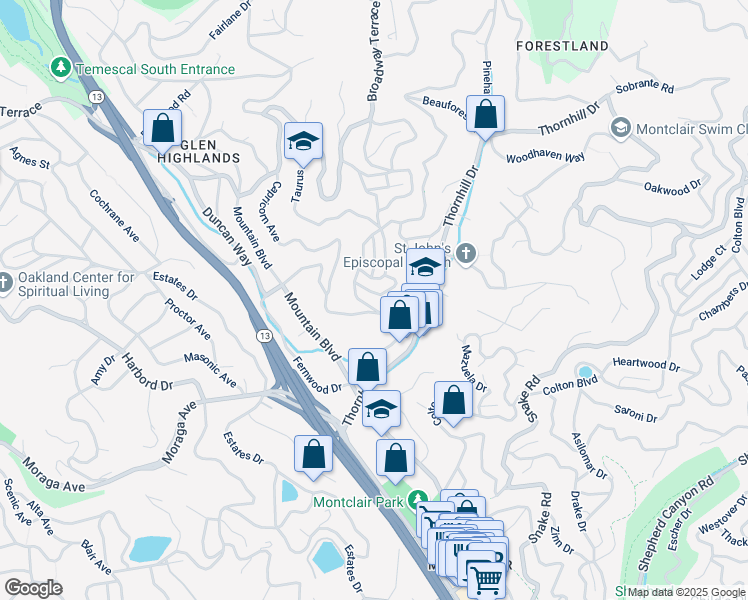 map of restaurants, bars, coffee shops, grocery stores, and more near 5716 Merriewood Drive in Oakland