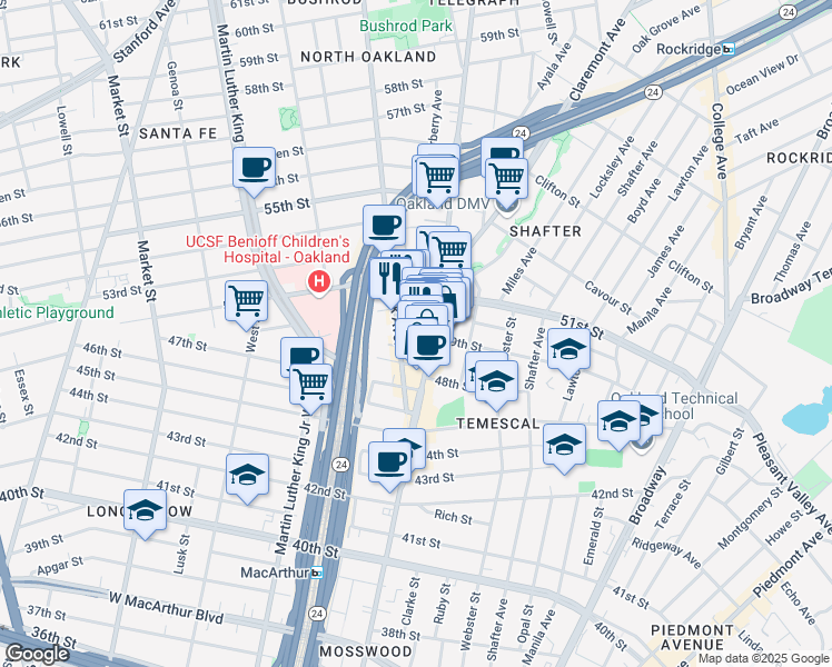 map of restaurants, bars, coffee shops, grocery stores, and more near 520 49th Street in Oakland