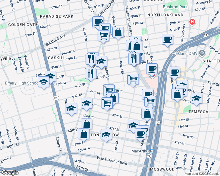 map of restaurants, bars, coffee shops, grocery stores, and more near 892 47th Street in Oakland