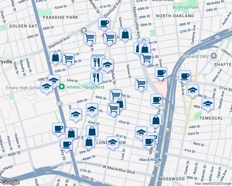 map of restaurants, bars, coffee shops, grocery stores, and more near 936 46th Street in Oakland