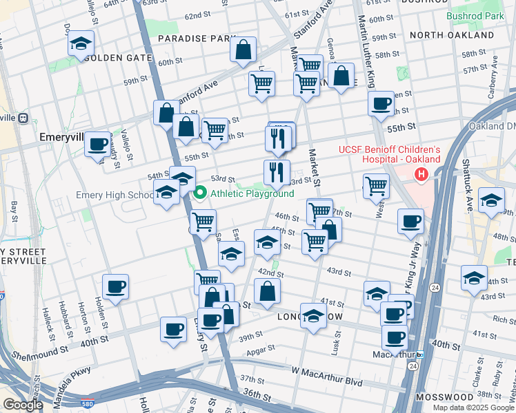 map of restaurants, bars, coffee shops, grocery stores, and more near in Emeryville