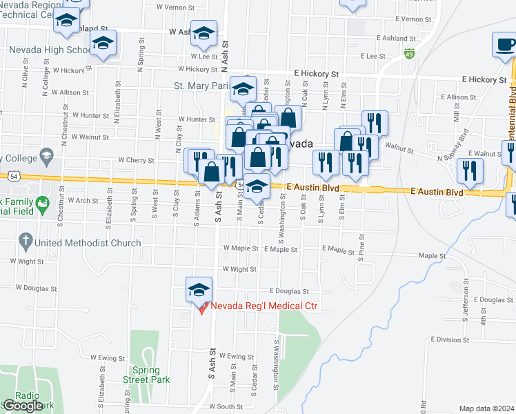 map of restaurants, bars, coffee shops, grocery stores, and more near 301 North Main Street in Nevada