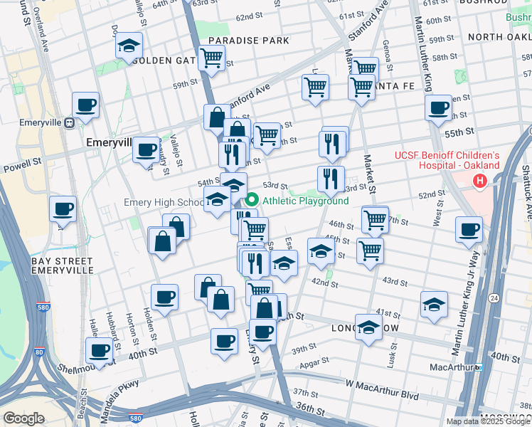 map of restaurants, bars, coffee shops, grocery stores, and more near 1076 47th Street in Emeryville