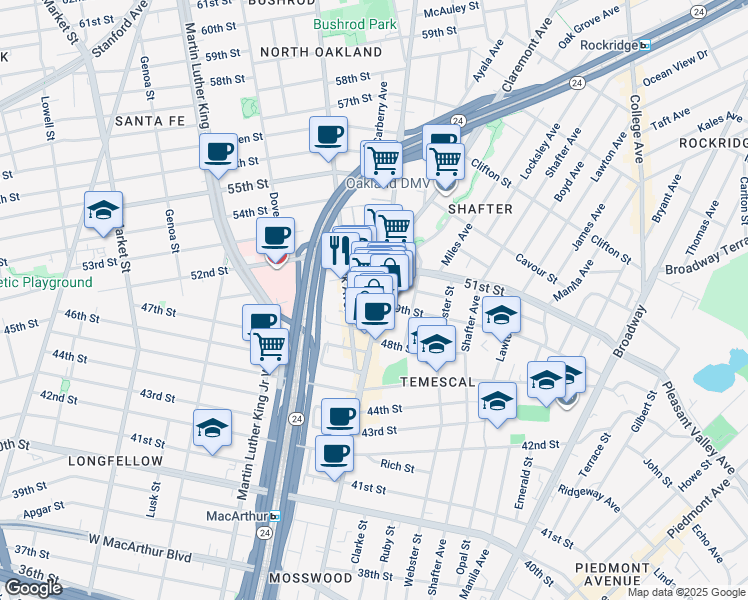 map of restaurants, bars, coffee shops, grocery stores, and more near 520 49th Street in Oakland