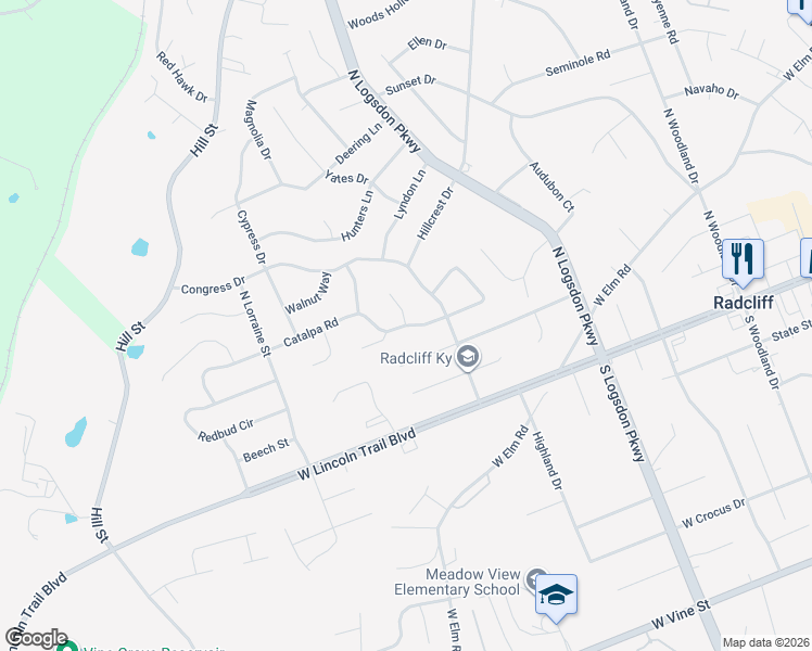 map of restaurants, bars, coffee shops, grocery stores, and more near 1433 Catalpa Rd in Radcliff