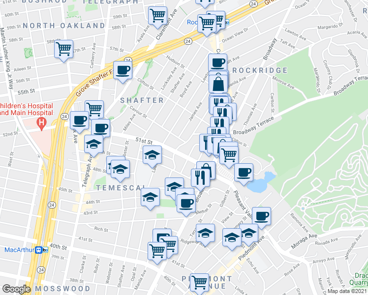 map of restaurants, bars, coffee shops, grocery stores, and more near 5112 Manila Avenue in Oakland