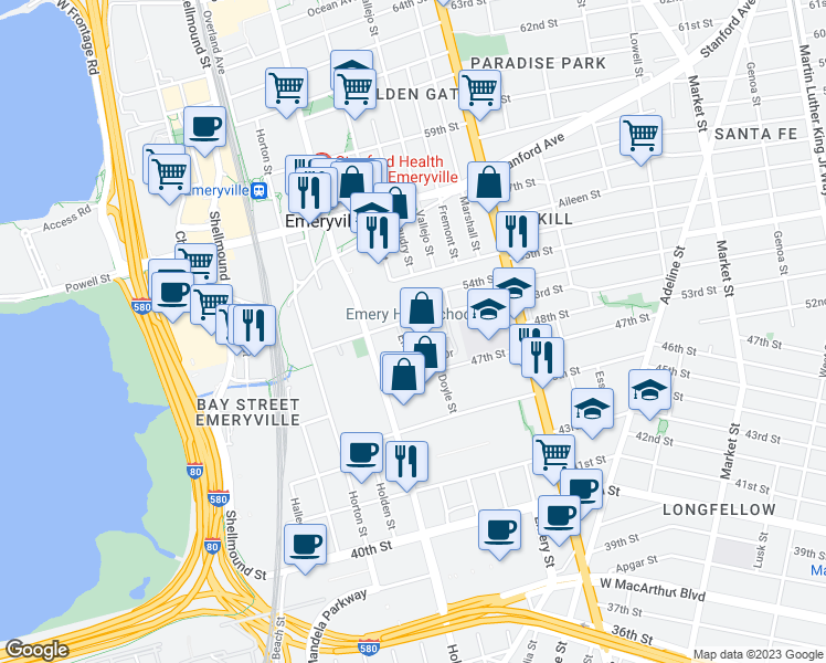 map of restaurants, bars, coffee shops, grocery stores, and more near 135 Temescal Circle in Emeryville