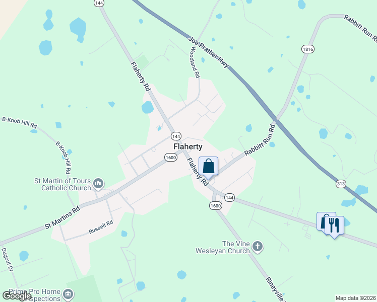 map of restaurants, bars, coffee shops, grocery stores, and more near 3670 Flaherty Road in Vine Grove