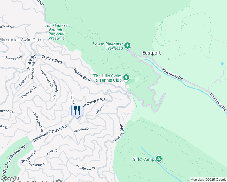 map of restaurants, bars, coffee shops, grocery stores, and more near 8021 Shepherd Canyon Road in Oakland
