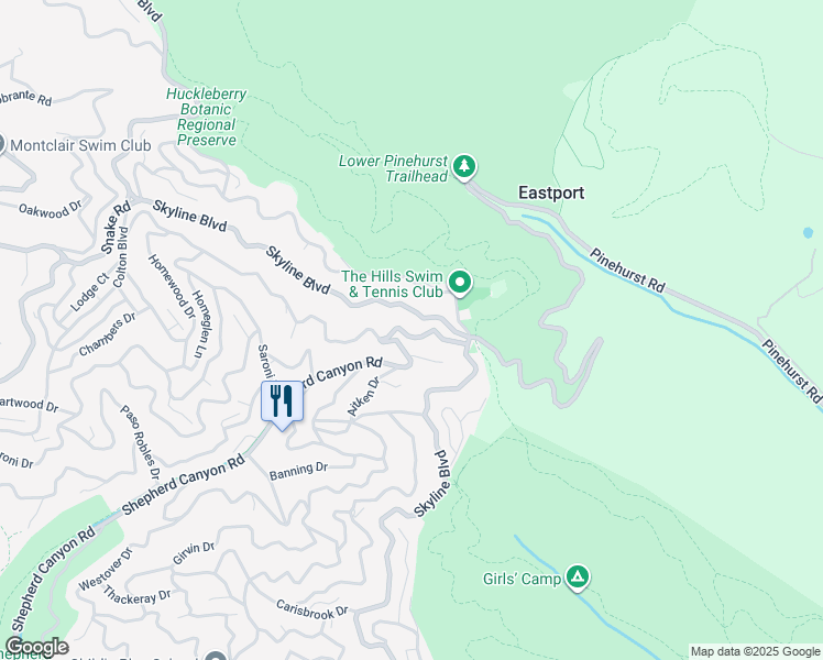 map of restaurants, bars, coffee shops, grocery stores, and more near 8021 Shepherd Canyon Road in Oakland