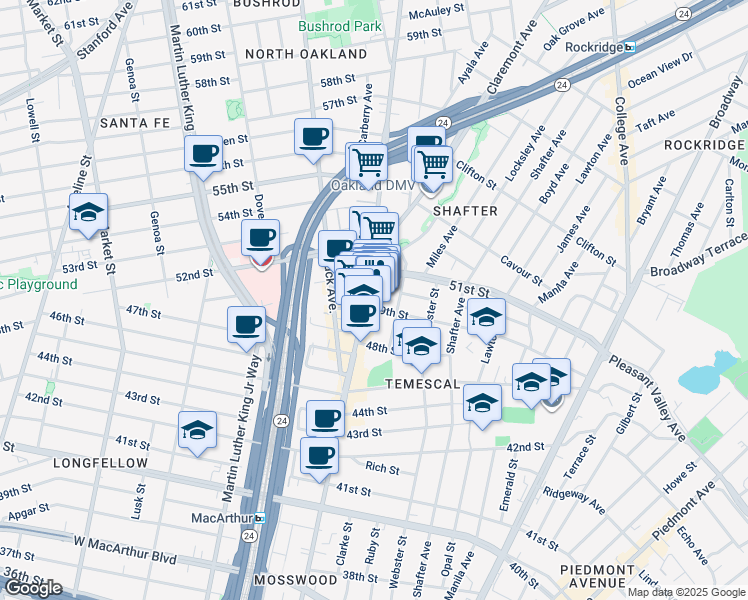 map of restaurants, bars, coffee shops, grocery stores, and more near 482 49th Street in Oakland
