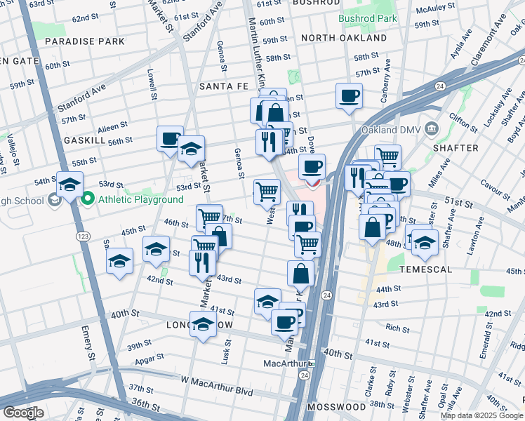 map of restaurants, bars, coffee shops, grocery stores, and more near 4738 West Street in Oakland