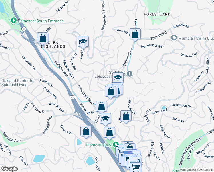 map of restaurants, bars, coffee shops, grocery stores, and more near 45 Merriewood Circle in Oakland