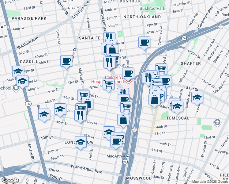 map of restaurants, bars, coffee shops, grocery stores, and more near 4738 West Street in Oakland