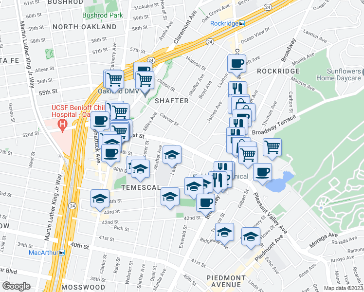 map of restaurants, bars, coffee shops, grocery stores, and more near 51st Street & Lawton Avenue in Oakland