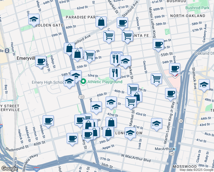map of restaurants, bars, coffee shops, grocery stores, and more near 1017 47th Street in Emeryville