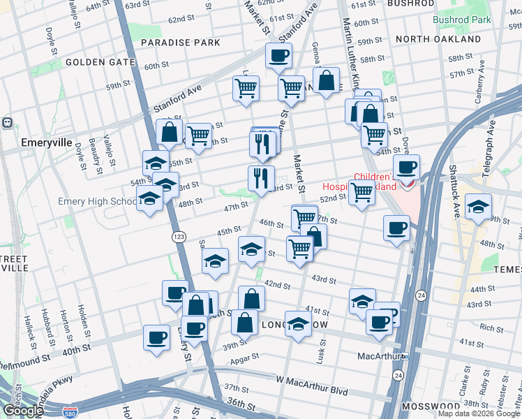 map of restaurants, bars, coffee shops, grocery stores, and more near 4600 Adeline Street in Emeryville