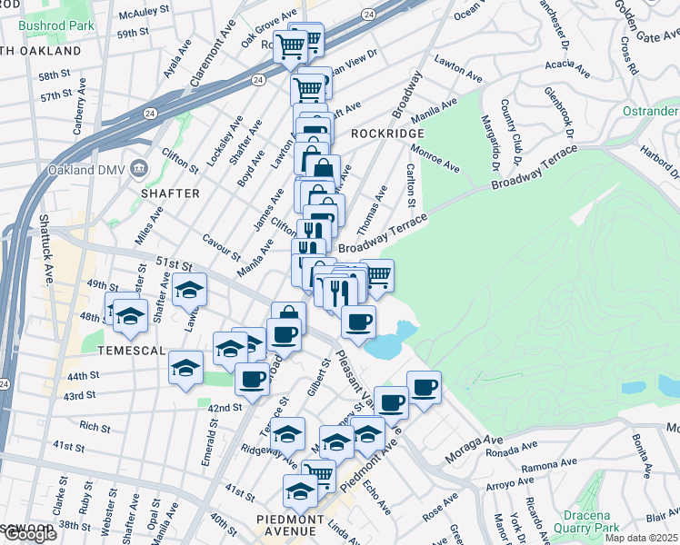 map of restaurants, bars, coffee shops, grocery stores, and more near 5212 Broadway in Oakland