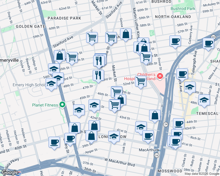 map of restaurants, bars, coffee shops, grocery stores, and more near 927 52nd Street in Oakland