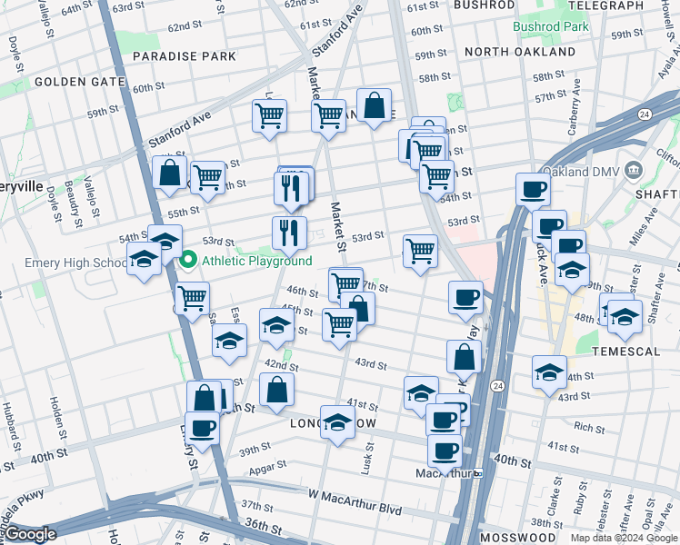 map of restaurants, bars, coffee shops, grocery stores, and more near 4715 Market Street in Oakland