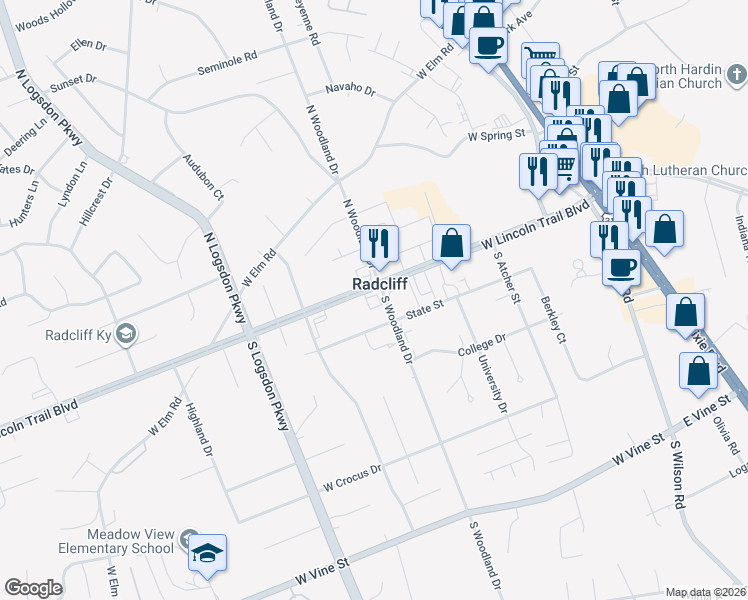 map of restaurants, bars, coffee shops, grocery stores, and more near 700 West Lincoln Trail Boulevard in Radcliff