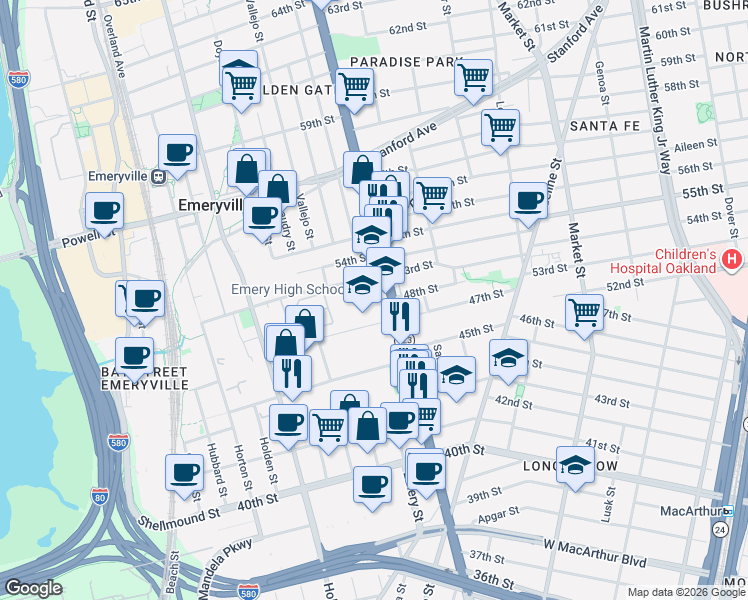 map of restaurants, bars, coffee shops, grocery stores, and more near 4727 San Pablo Ave in Emeryville