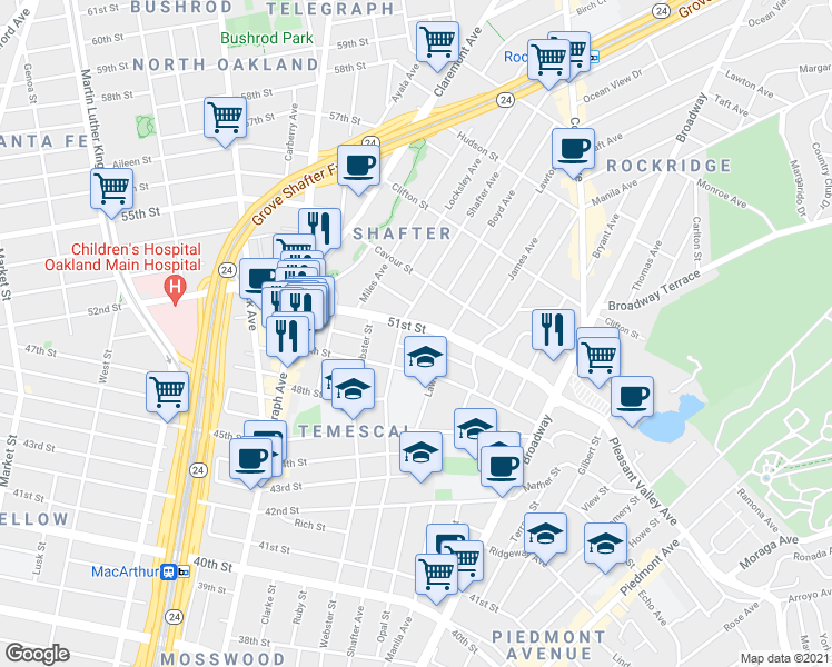 map of restaurants, bars, coffee shops, grocery stores, and more near 391 51st Street in Oakland