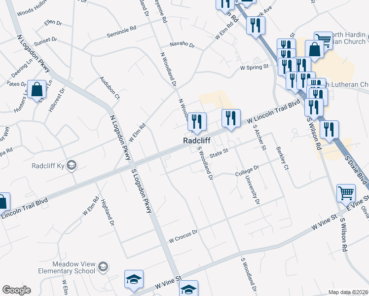 map of restaurants, bars, coffee shops, grocery stores, and more near 700-734 West Lincoln Trail Boulevard in Radcliff