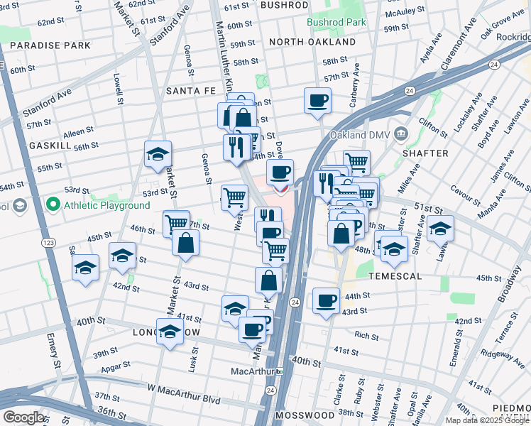 map of restaurants, bars, coffee shops, grocery stores, and more near Martin Luther King Jr Way & 51st St in Oakland