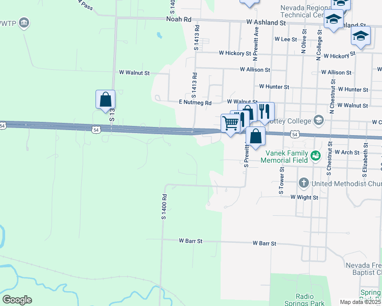 map of restaurants, bars, coffee shops, grocery stores, and more near 17125 South 1413 Road in Nevada