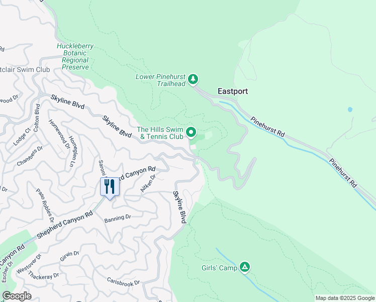 map of restaurants, bars, coffee shops, grocery stores, and more near 8156 Skyline Boulevard in Oakland