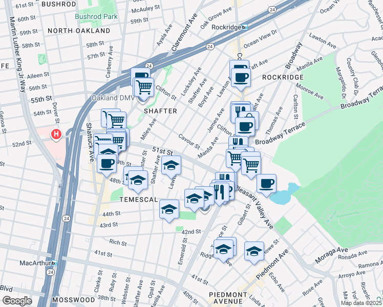 map of restaurants, bars, coffee shops, grocery stores, and more near in Oakland
