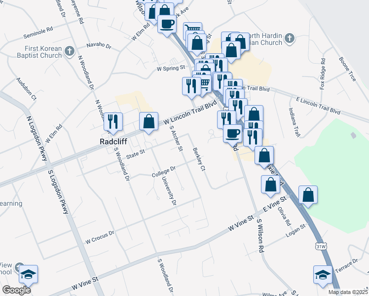 map of restaurants, bars, coffee shops, grocery stores, and more near 308 South Atcher Street in Radcliff