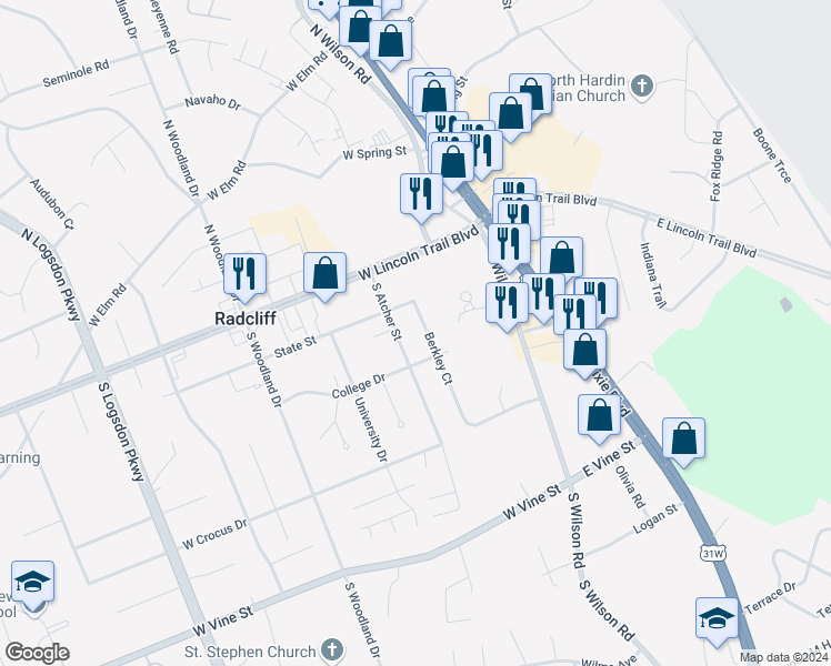 map of restaurants, bars, coffee shops, grocery stores, and more near 315 Berkley Court in Radcliff