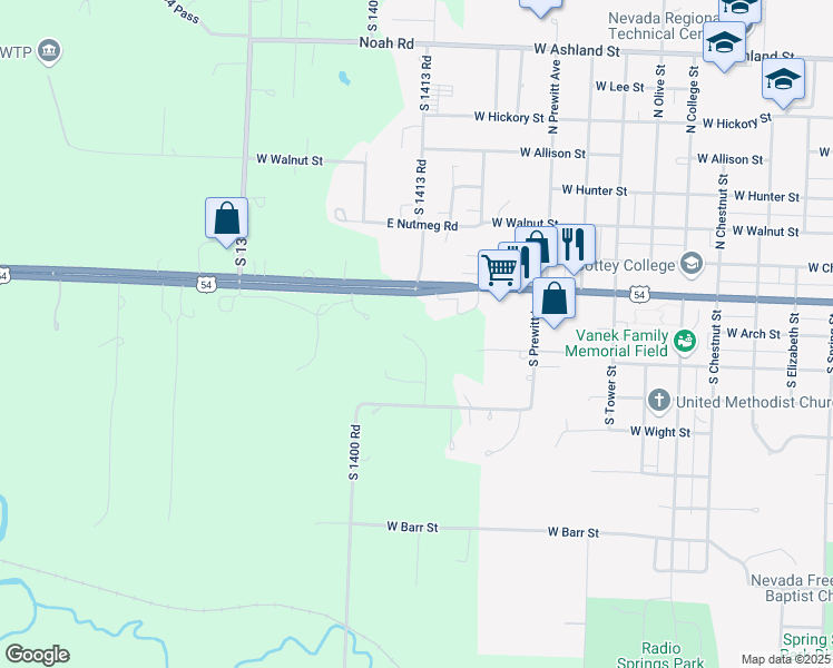 map of restaurants, bars, coffee shops, grocery stores, and more near 17125 South 1413 Road in Nevada