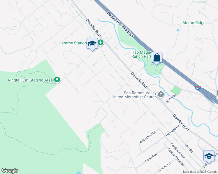map of restaurants, bars, coffee shops, grocery stores, and more near 104 Muir Lane in Alamo