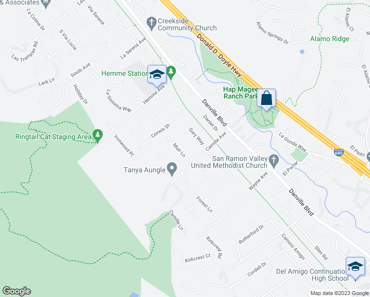 map of restaurants, bars, coffee shops, grocery stores, and more near 104 Muir Lane in Alamo